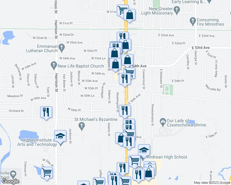 map of restaurants, bars, coffee shops, grocery stores, and more near 5548 Washington Street in Merrillville