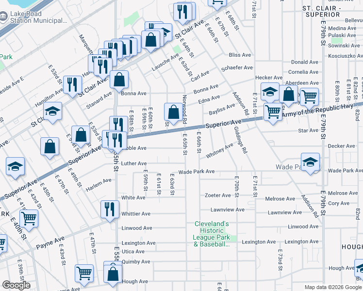 map of restaurants, bars, coffee shops, grocery stores, and more near 6310 Dibble Avenue in Cleveland