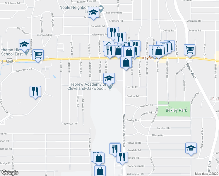 map of restaurants, bars, coffee shops, grocery stores, and more near 1508 Warrensville Center Road in Cleveland Heights