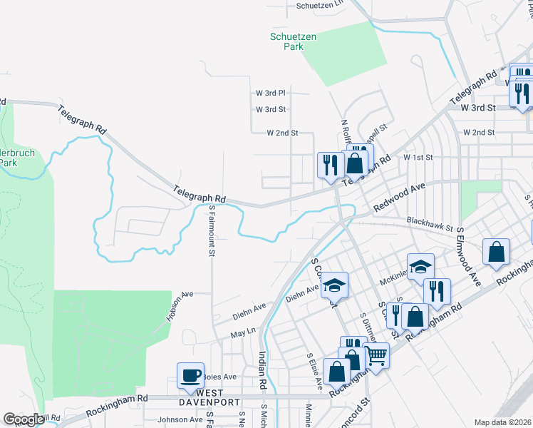 map of restaurants, bars, coffee shops, grocery stores, and more near 251-299 South Elsie Avenue in Davenport