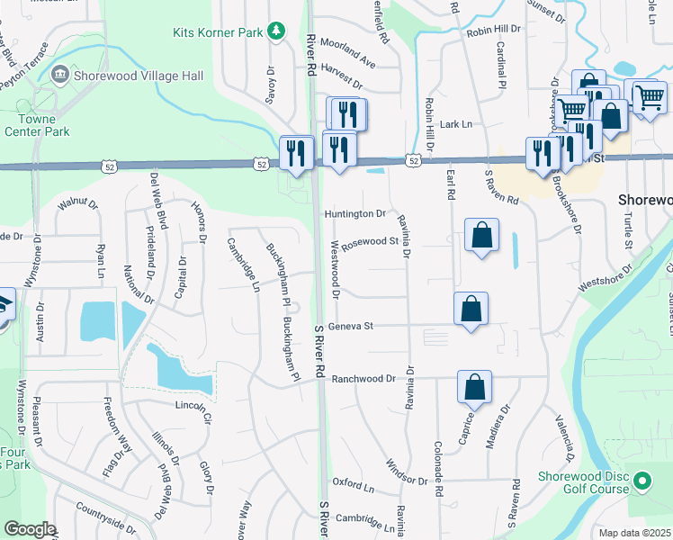 map of restaurants, bars, coffee shops, grocery stores, and more near in Shorewood