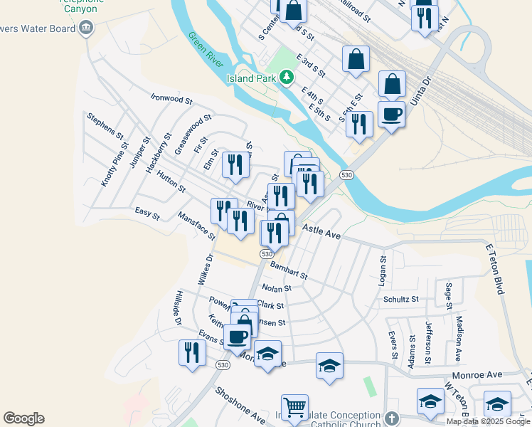 map of restaurants, bars, coffee shops, grocery stores, and more near 350 Uinta Drive in Green River