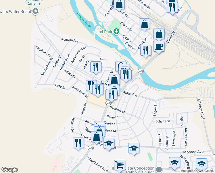 map of restaurants, bars, coffee shops, grocery stores, and more near 350 Uinta Drive in Green River
