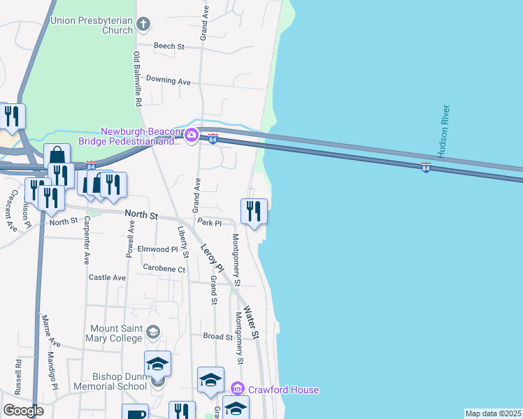 map of restaurants, bars, coffee shops, grocery stores, and more near 2 Park Place in Newburgh