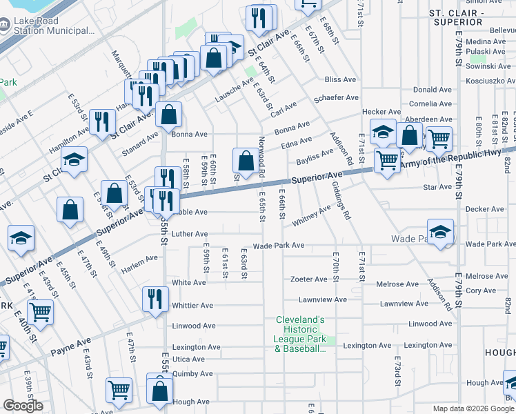 map of restaurants, bars, coffee shops, grocery stores, and more near 6310 Dibble Avenue in Cleveland