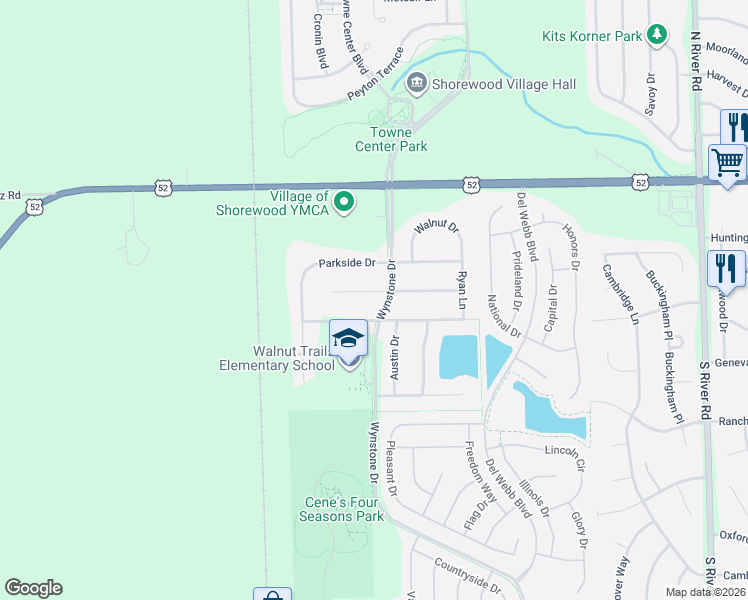 map of restaurants, bars, coffee shops, grocery stores, and more near 1710 Hunter Drive in Shorewood