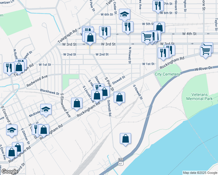 map of restaurants, bars, coffee shops, grocery stores, and more near 2129 Dixwell Street in Davenport