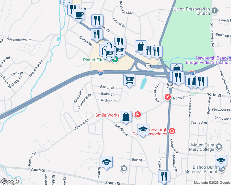 map of restaurants, bars, coffee shops, grocery stores, and more near 32 Blake Street in Newburgh