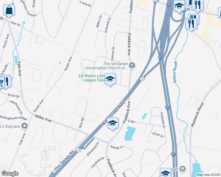 map of restaurants, bars, coffee shops, grocery stores, and more near 70 Overlook Road in Meriden