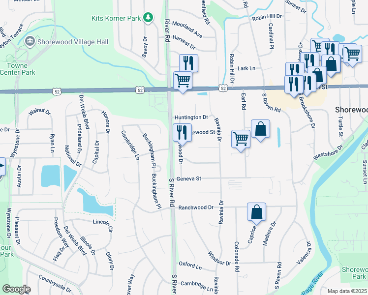 map of restaurants, bars, coffee shops, grocery stores, and more near 404 Westwood Drive in Shorewood