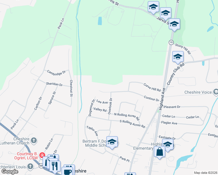 map of restaurants, bars, coffee shops, grocery stores, and more near 332 Contour Drive in Cheshire