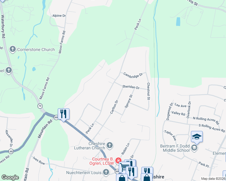 map of restaurants, bars, coffee shops, grocery stores, and more near 320 Peck Lane in Cheshire