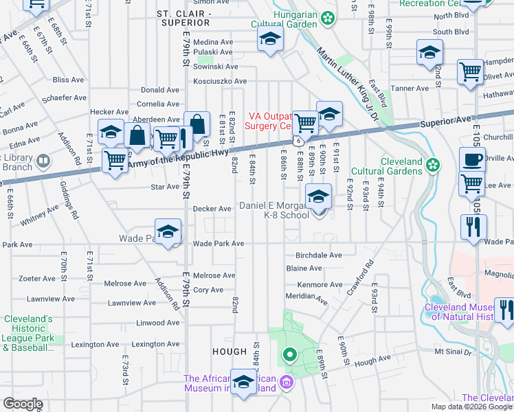 map of restaurants, bars, coffee shops, grocery stores, and more near 1415 East 85th Street in Cleveland