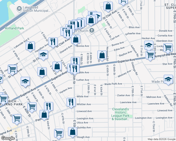 map of restaurants, bars, coffee shops, grocery stores, and more near 5806 Dibble Avenue in Cleveland