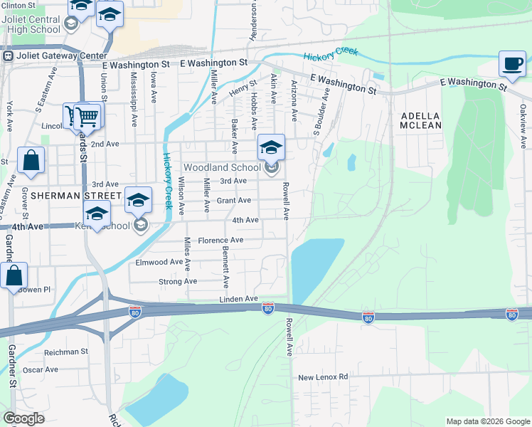 map of restaurants, bars, coffee shops, grocery stores, and more near 402 Hobbs Avenue in Joliet