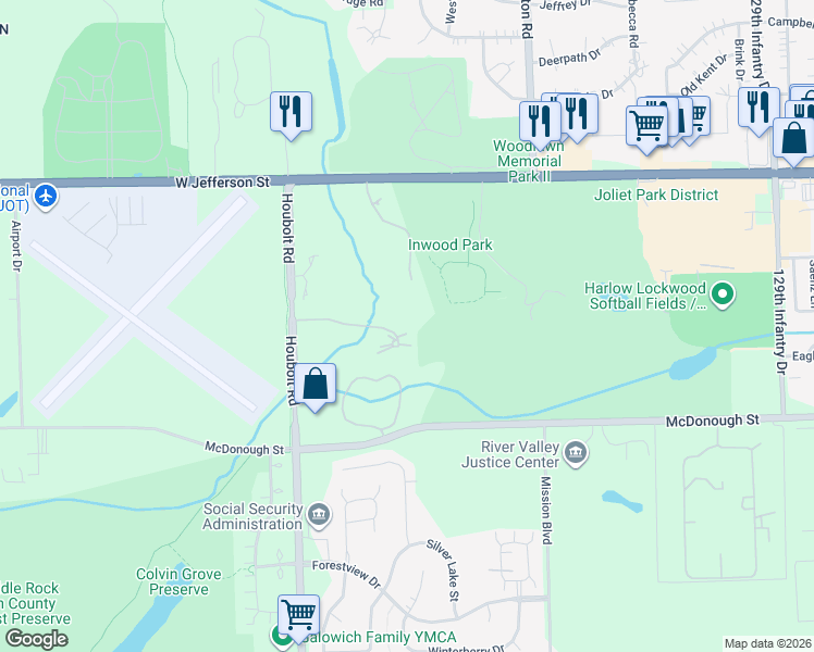 map of restaurants, bars, coffee shops, grocery stores, and more near 3400 Wells Way in Joliet
