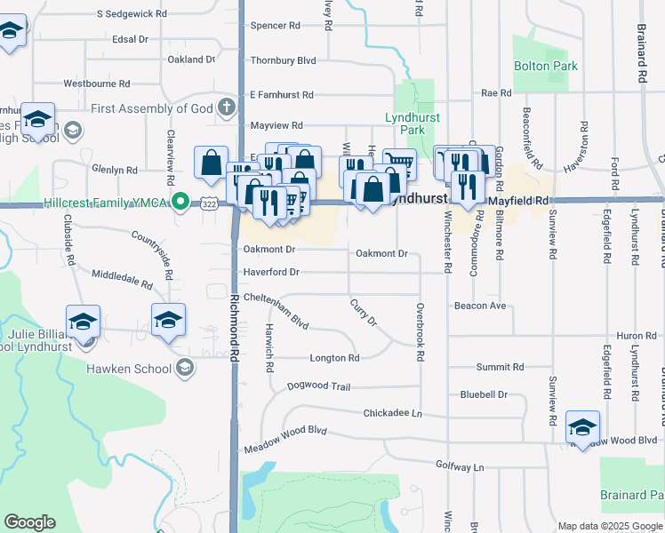 map of restaurants, bars, coffee shops, grocery stores, and more near 5187 Haverford Drive in Lyndhurst