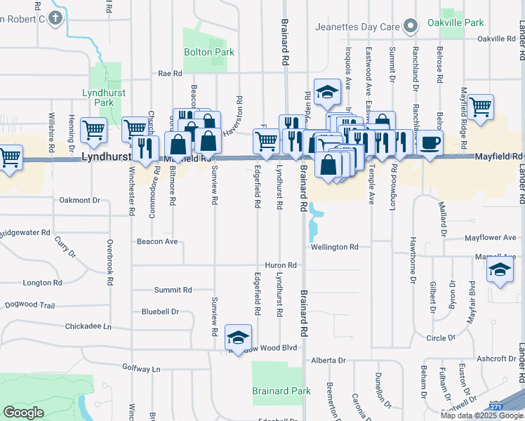 map of restaurants, bars, coffee shops, grocery stores, and more near 1555 Edgefield Road in Lyndhurst