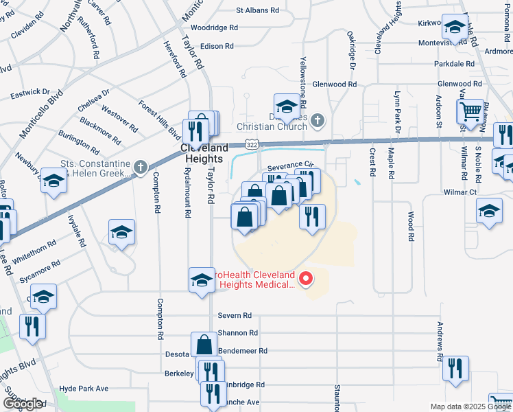 map of restaurants, bars, coffee shops, grocery stores, and more near 3628 Mayfield Road in Cleveland Heights