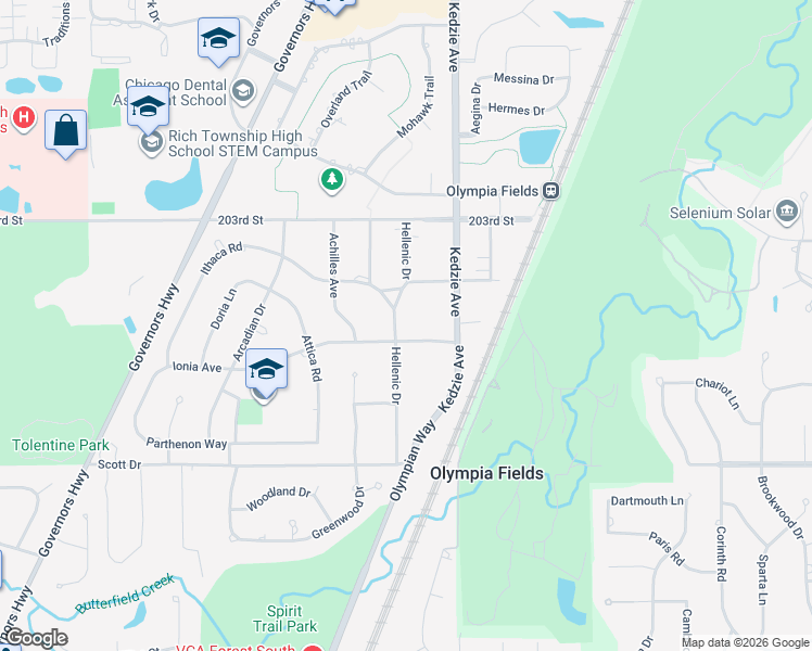 map of restaurants, bars, coffee shops, grocery stores, and more near 20433 Hellenic Drive in Olympia Fields