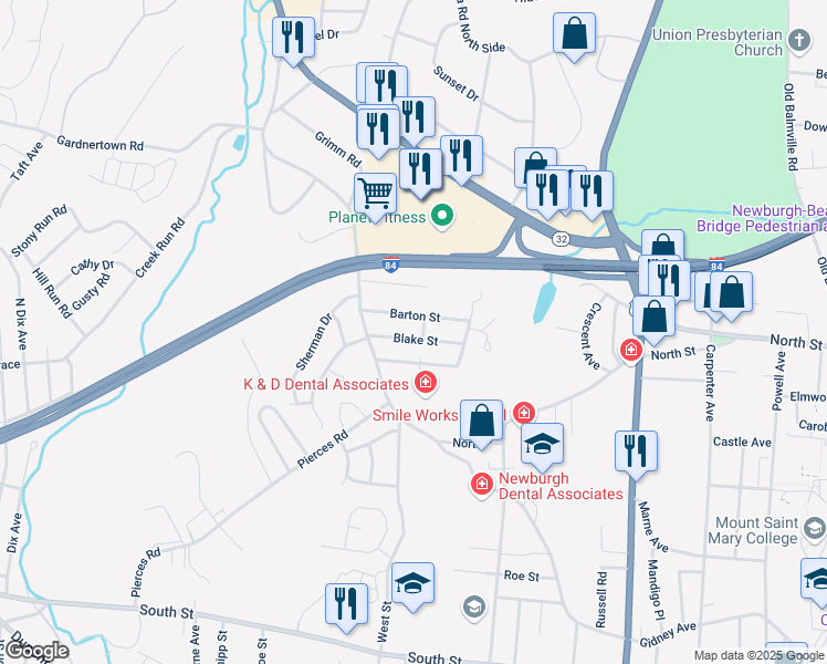 map of restaurants, bars, coffee shops, grocery stores, and more near 25 Blake Street in Newburgh