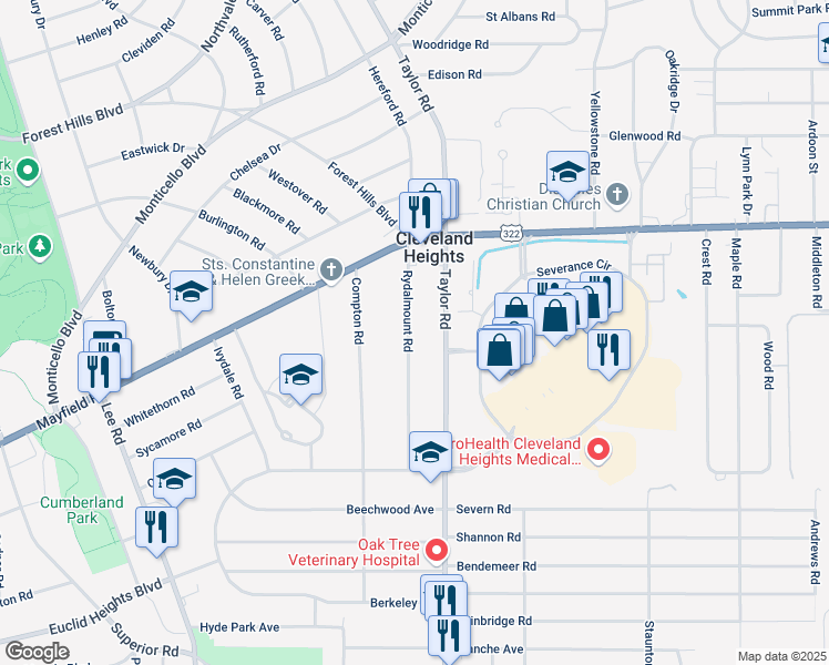 map of restaurants, bars, coffee shops, grocery stores, and more near 1564 South Taylor Road in Cleveland Heights