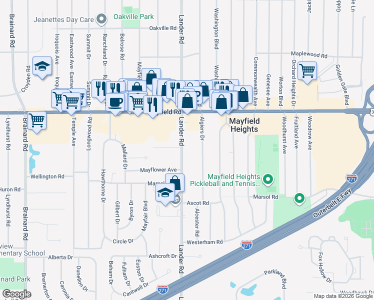map of restaurants, bars, coffee shops, grocery stores, and more near 1592 Lander Road in Mayfield Heights