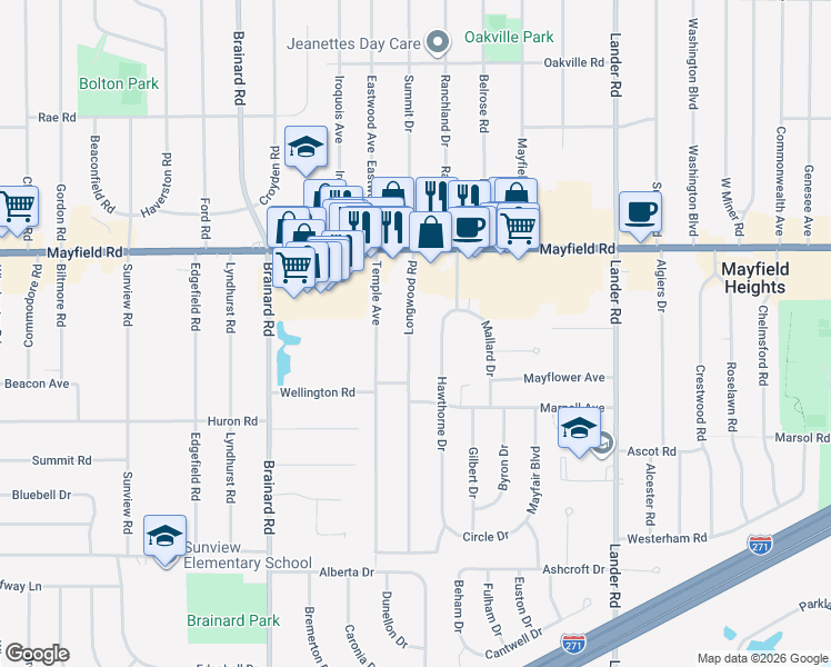 map of restaurants, bars, coffee shops, grocery stores, and more near 1595 Longwood Road in Mayfield Heights