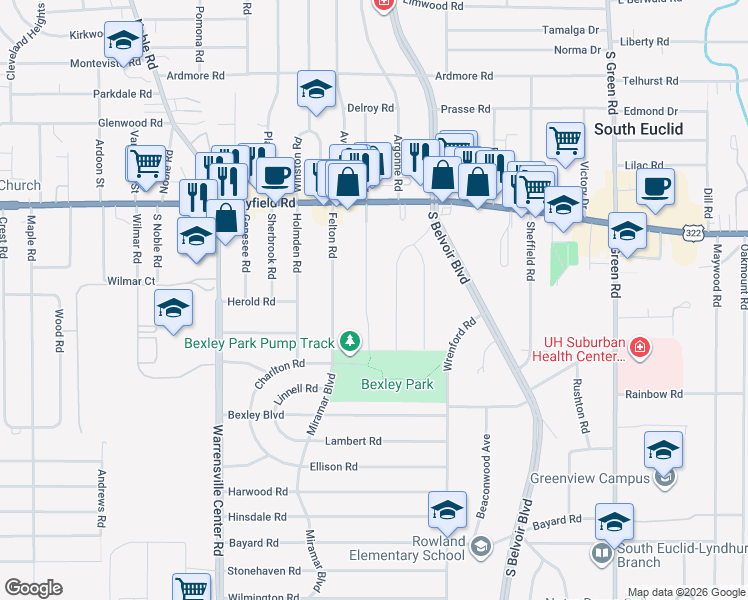 map of restaurants, bars, coffee shops, grocery stores, and more near 1575 Maplegrove Road in South Euclid