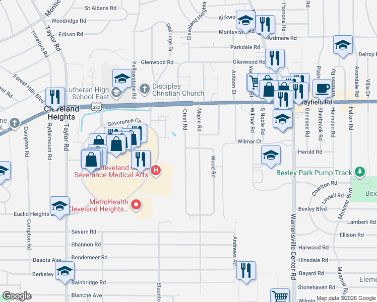 map of restaurants, bars, coffee shops, grocery stores, and more near 1570 Crest Road in Cleveland Heights