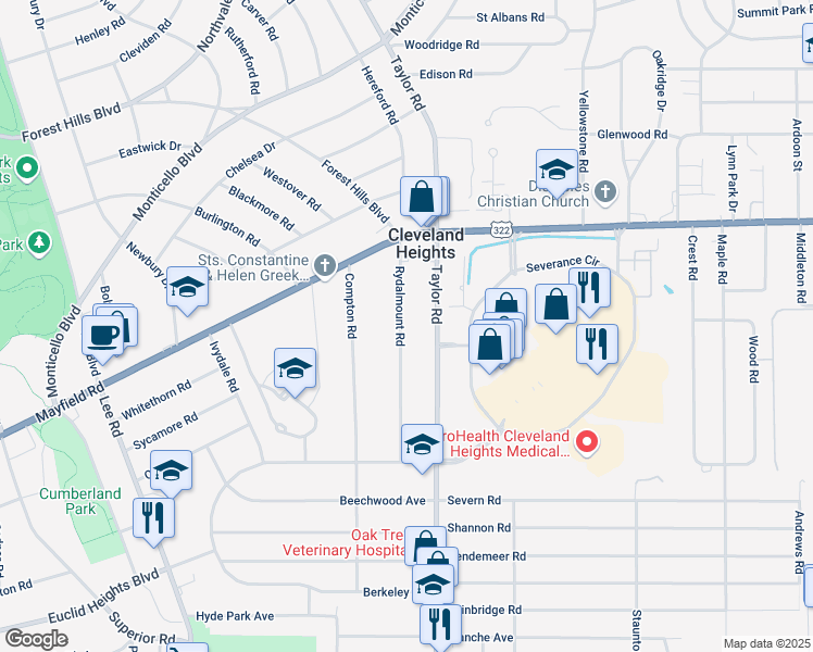 map of restaurants, bars, coffee shops, grocery stores, and more near 1564 South Taylor Road in Cleveland Heights