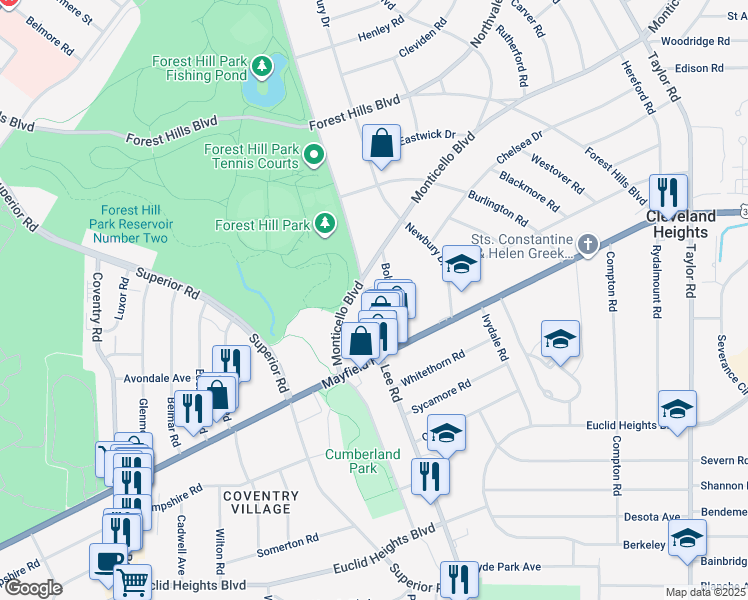 map of restaurants, bars, coffee shops, grocery stores, and more near 3008 Monticello Boulevard in Cleveland Heights