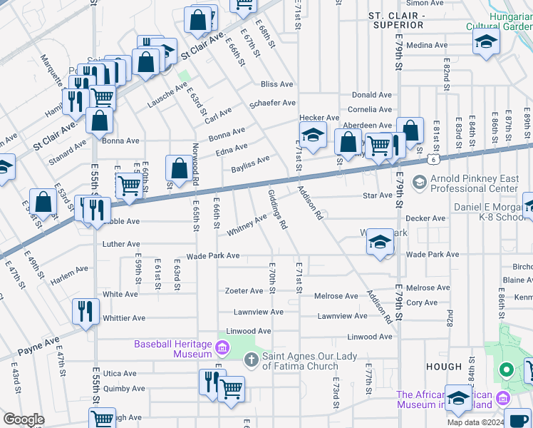 map of restaurants, bars, coffee shops, grocery stores, and more near 1372 Russell Road in Cleveland