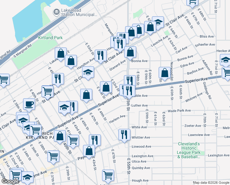 map of restaurants, bars, coffee shops, grocery stores, and more near 5225 Superior Avenue in Cleveland