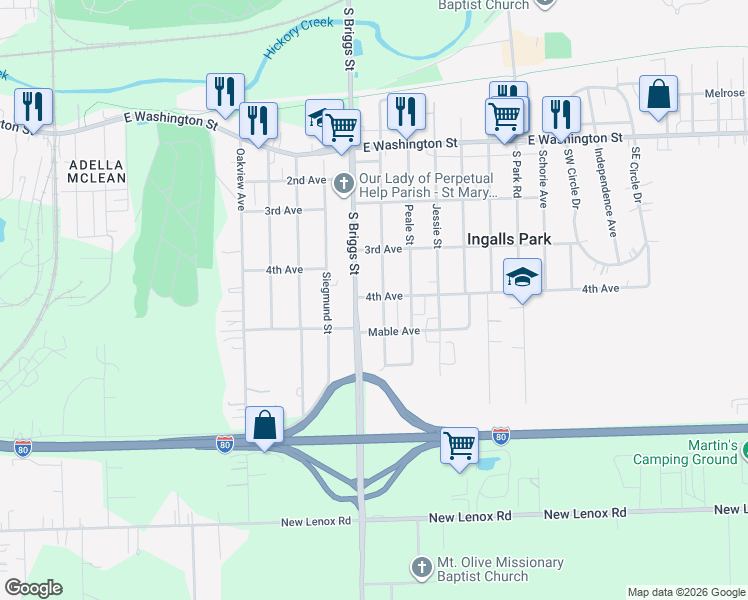 map of restaurants, bars, coffee shops, grocery stores, and more near 410 South Briggs Street in Joliet