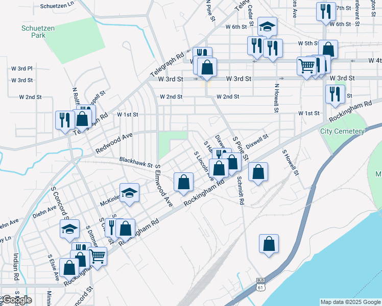 map of restaurants, bars, coffee shops, grocery stores, and more near 2301-2307 Jackson Avenue in Davenport