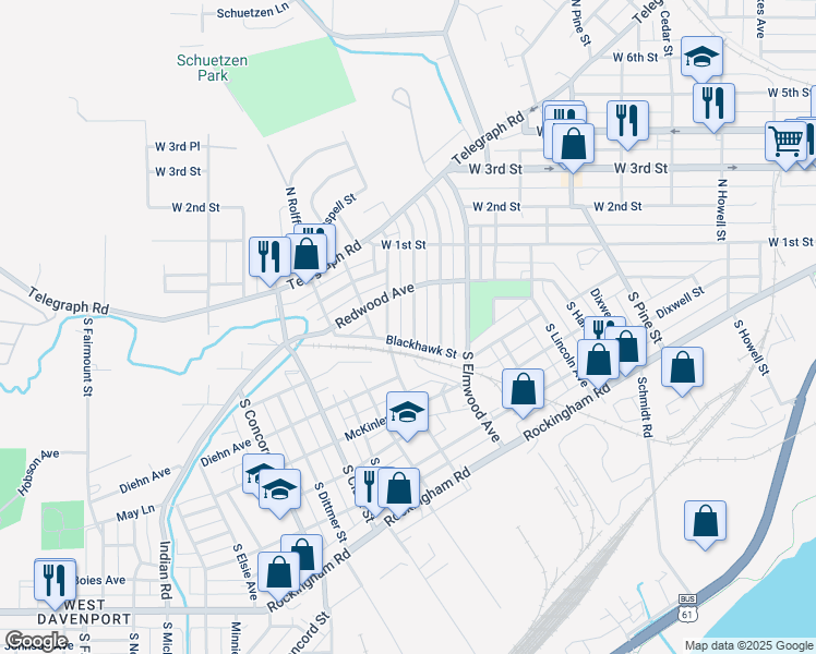map of restaurants, bars, coffee shops, grocery stores, and more near 314 South Hazelwood Avenue in Davenport