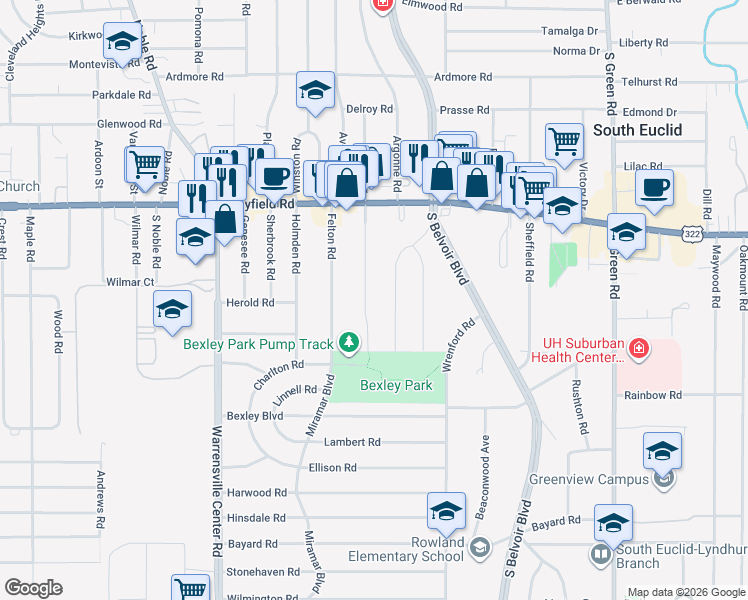 map of restaurants, bars, coffee shops, grocery stores, and more near 1575 Maplegrove Road in South Euclid