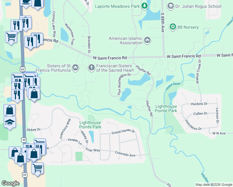 map of restaurants, bars, coffee shops, grocery stores, and more near 20554 Grand Traverse Drive in Frankfort