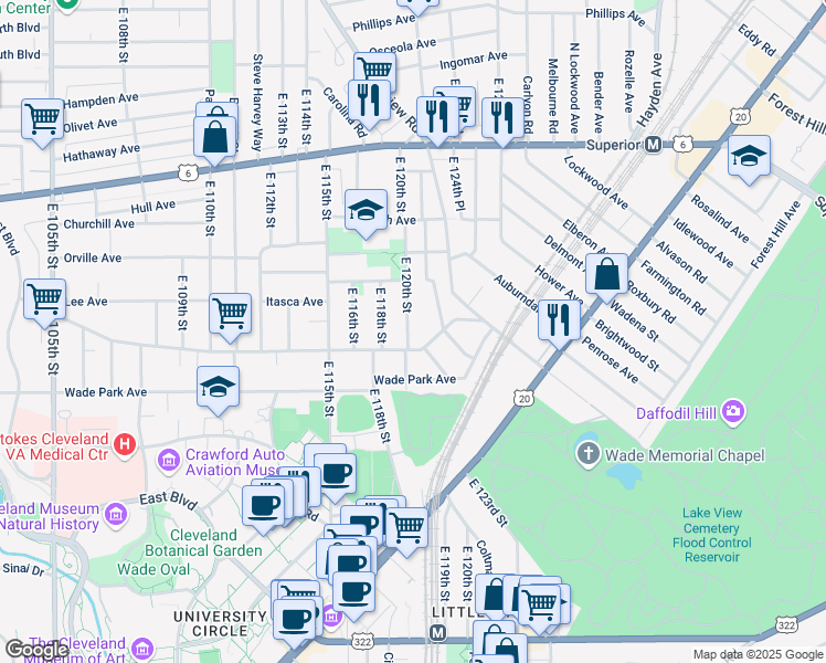 map of restaurants, bars, coffee shops, grocery stores, and more near 12002 Ashbury Avenue in Cleveland