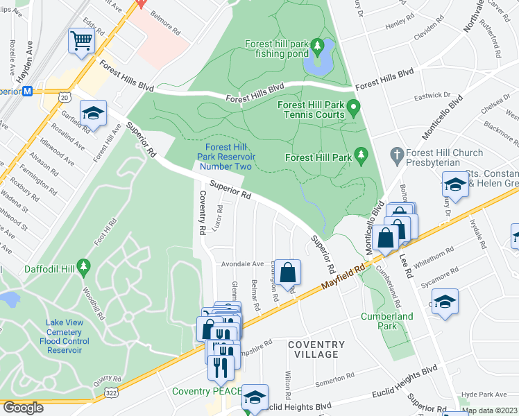 map of restaurants, bars, coffee shops, grocery stores, and more near 14074 Superior Road in East Cleveland