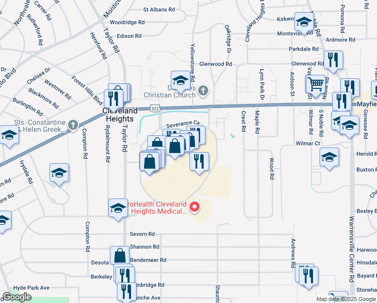 map of restaurants, bars, coffee shops, grocery stores, and more near 3550 Mayfield Road in Cleveland Heights