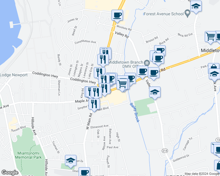 map of restaurants, bars, coffee shops, grocery stores, and more near 72 East Main Road in Middletown