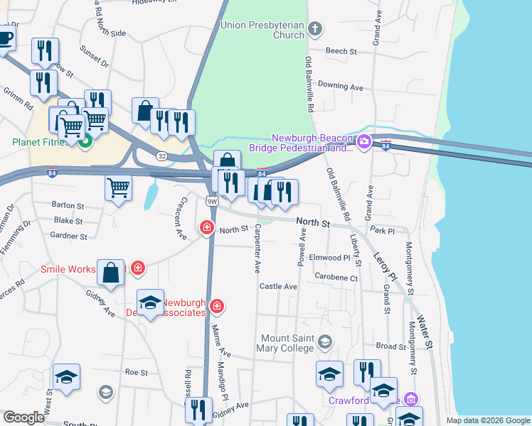 map of restaurants, bars, coffee shops, grocery stores, and more near 81 North Street in Newburgh
