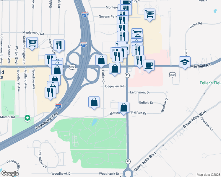 map of restaurants, bars, coffee shops, grocery stores, and more near 231 Rosebury Court in Cleveland