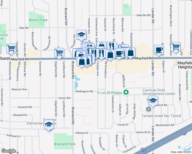 map of restaurants, bars, coffee shops, grocery stores, and more near 1564 Temple Avenue in Mayfield Heights
