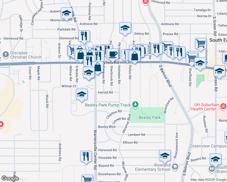 map of restaurants, bars, coffee shops, grocery stores, and more near 4059 Buxton Road in South Euclid