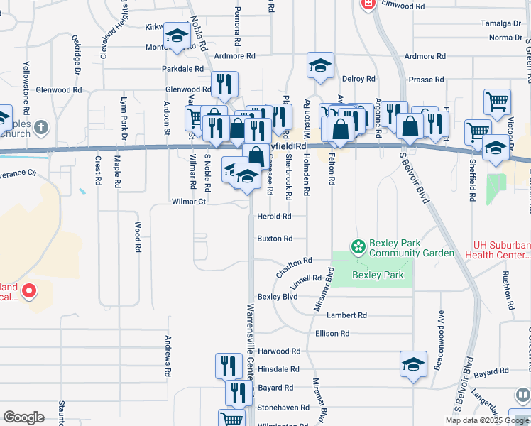 map of restaurants, bars, coffee shops, grocery stores, and more near 4017 Buxton Road in South Euclid