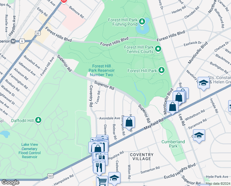 map of restaurants, bars, coffee shops, grocery stores, and more near 1537 Belmar Road in East Cleveland