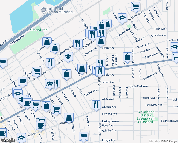 map of restaurants, bars, coffee shops, grocery stores, and more near in Cleveland